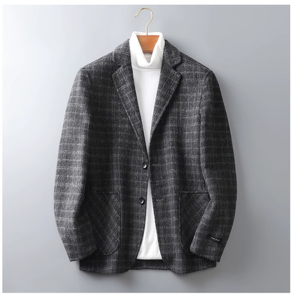 Fineryclothes Men's Wool Blend Plaid Blazer, Gray Checkered Pattern, 2-Button Classic Fit