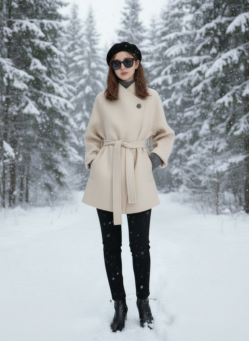 2025 Autumn Winter New! Women's High-End Double-Faced Cashmere Coat - Korean Waist-Cinching Slim Fit for Petite
