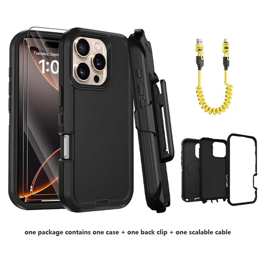Styqeen Defender Armor Case for iPhone 16 Pro with Belt Clip Holster Black and scalble Charging Cable