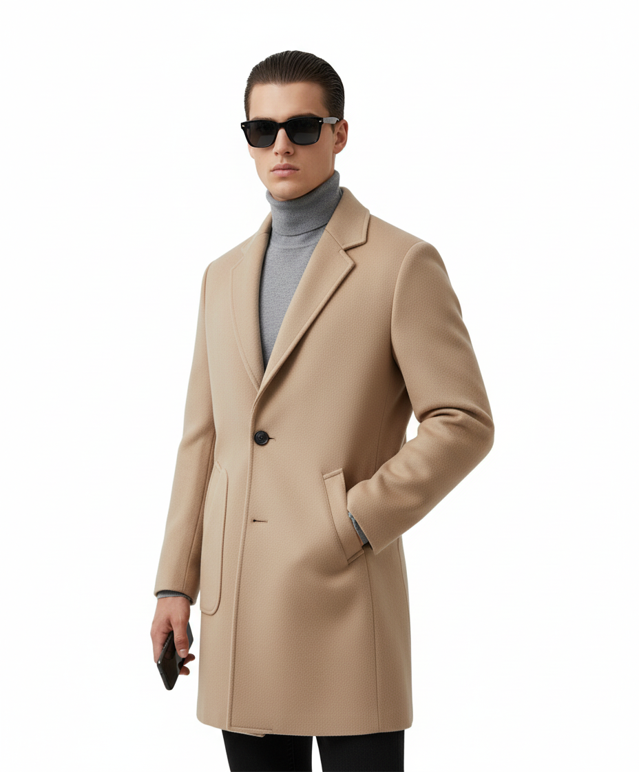 100% Cashmere Coat for Men - Winter Mid-Length, Stylish Double-Faced Woolen Casual Trench Coat (Youth-Focused)