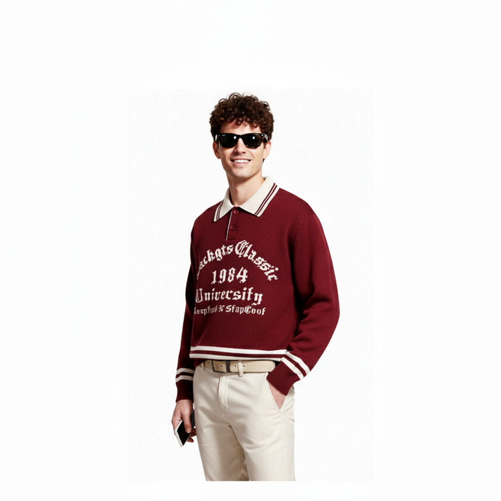 Fineryclothes Vintage University Style Knit Sweater, 1984 Graphic Design, Burgundy and White Striped Collar, Collegiate Pullover