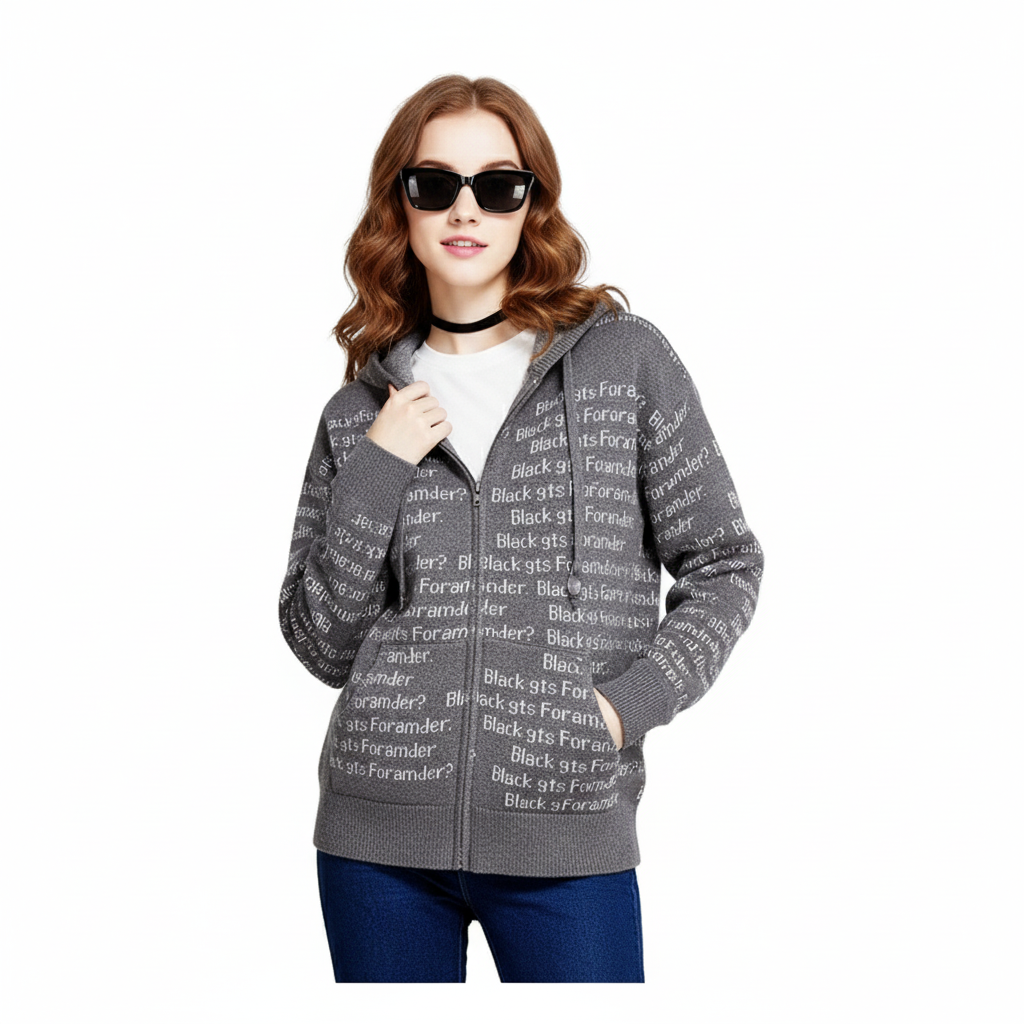 Fineryclothes Text Print Zip-Up Hoodie Sweatshirt, Black and Grey, All-Over Typography Pattern