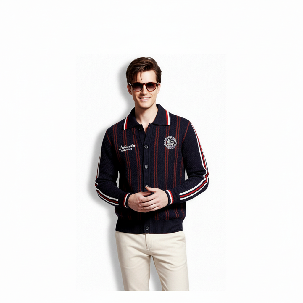 Fineryclothes Mesh Knit Button-Up Cardigan Sweater with Striped Trim, Polo Collar, White and Navy, 2-Pack