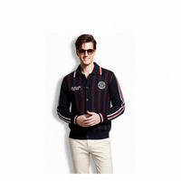 Fineryclothes Mesh Knit Button-Up Cardigan Sweater with Striped Trim, Polo Collar, White and Navy, 2-Pack