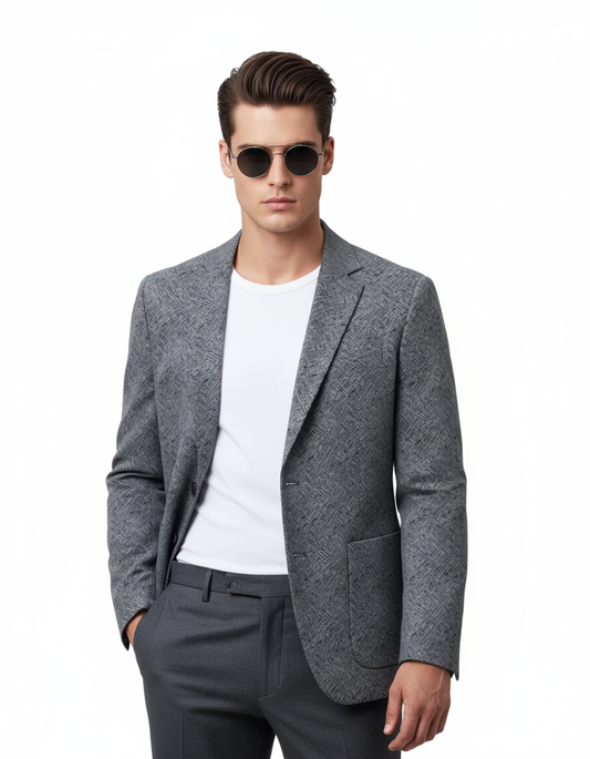 Fineryclothes Men's Textured Blazer, Blue Geometric Pattern, 2-Button Single Breasted Suit Jacket with Black Lining