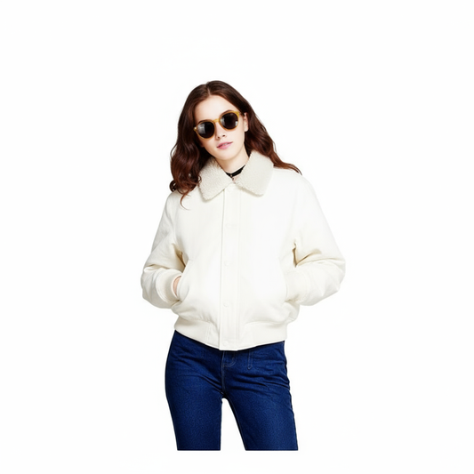 Fineryclothes Sherpa Collar Bomber Jacket, Denim Work Jacket with Fleece Lining, Available in Black, White, Blue
