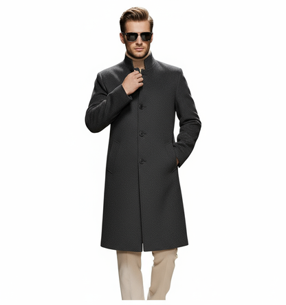 Fineryclothes Men's Wool Blend Stand Collar Overcoat, Classic Long Winter Coat, Khaki Gray, 3-Button Front
