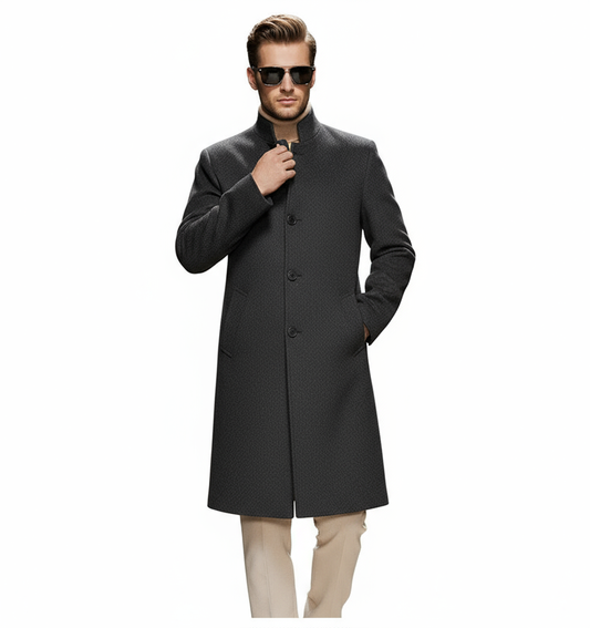 Fineryclothes Men's Wool Blend Stand Collar Overcoat, Classic Long Winter Coat, Khaki Gray, 3-Button Front
