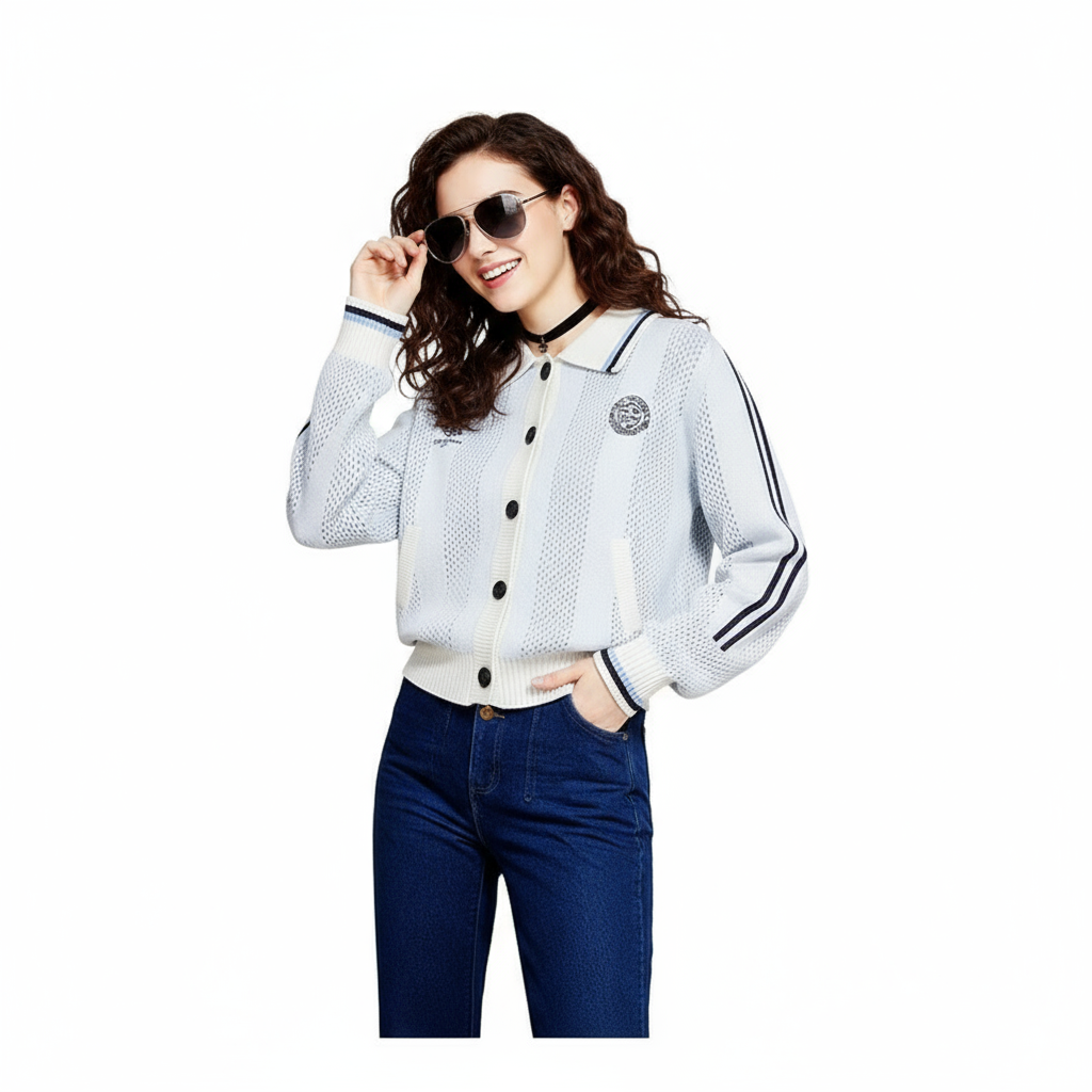 Fineryclothes Mesh Knit Button-Up Cardigan Sweater with Striped Trim, Polo Collar, White and Navy, 2-Pack