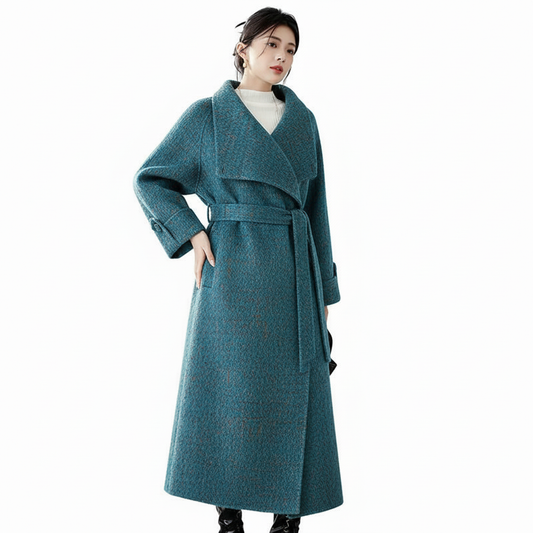 Fineryclothes Double-Faced Wool Wrap Coat, Mid-Calf Length, Shawl Collar, Long Sleeves, STYLE NO.004
