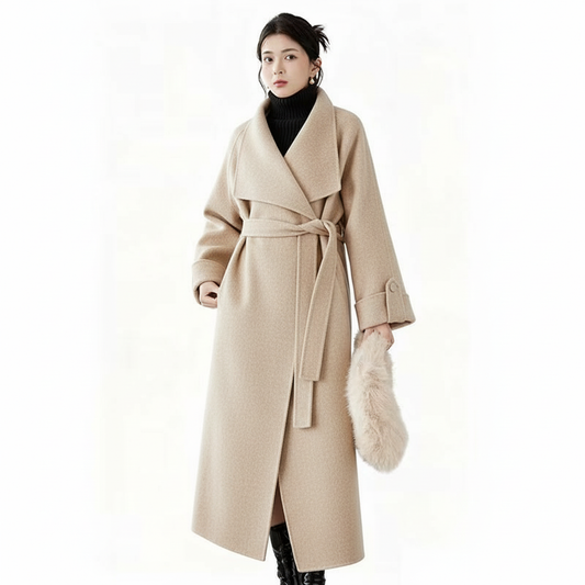 Fineryclothes Double-Faced Wool Wrap Coat, Mid-Calf Length, Shawl Collar, Long Sleeves, STYLE NO.004