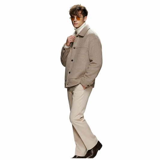 Fineryclothes Men's Wool Blend Jacket with Leather Collar, Gray, Full-Zip Winter Coat with Button Cuffs