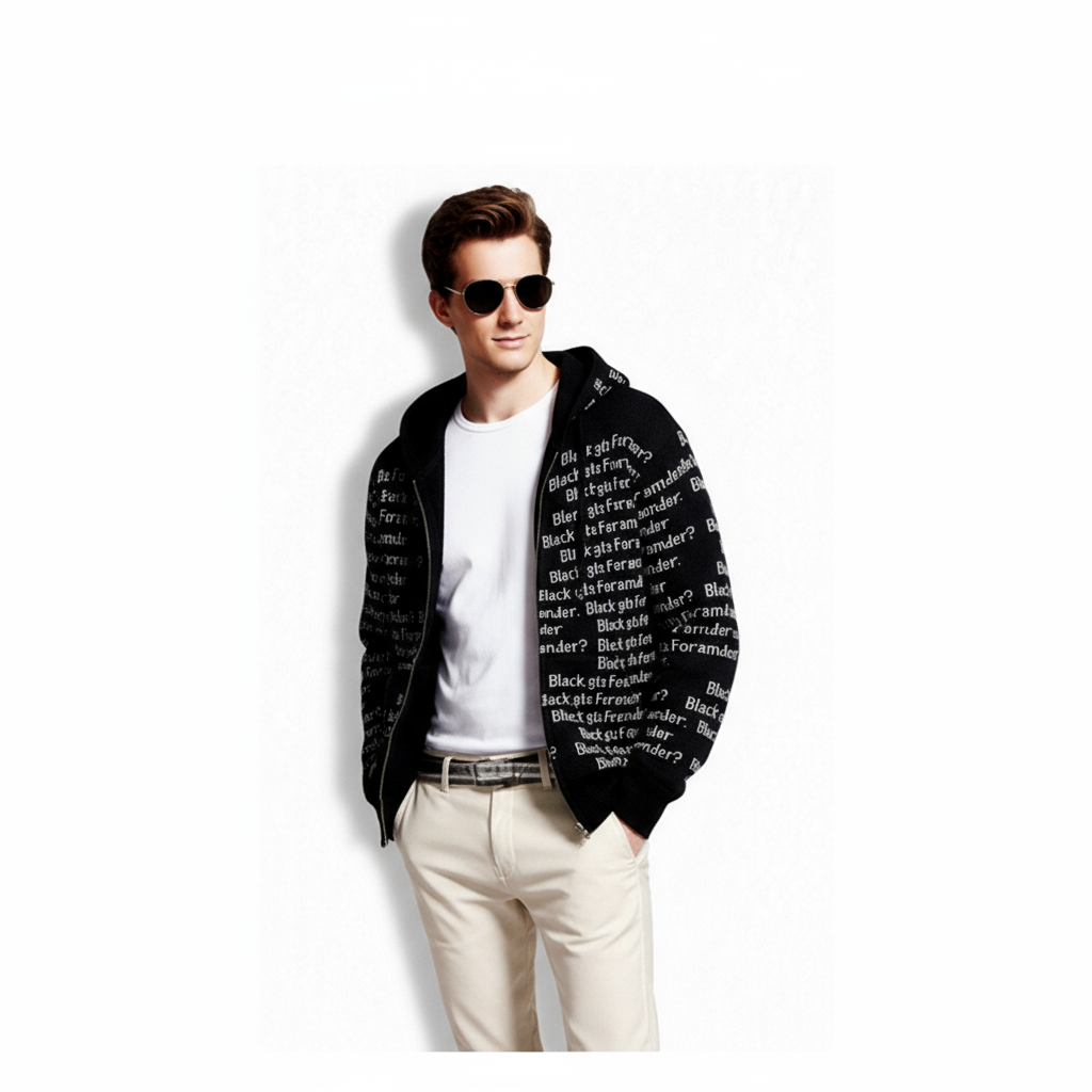 Fineryclothes Text Print Zip-Up Hoodie Sweatshirt, Black and Grey, All-Over Typography Pattern