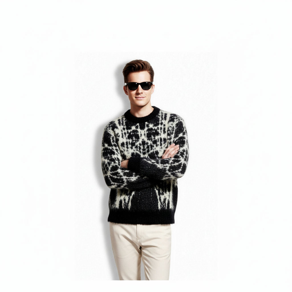 Fineryclothes Abstract Pattern Knit Sweater, Long Sleeve Crew Neck Pullover, Black and White, Gray and White