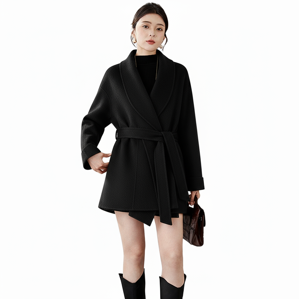 Fineryclothes Double-Faced Wool Shawl-Collar Wrap Coat,  STYLE NO.008