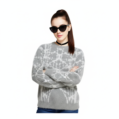 Fineryclothes Abstract Pattern Knit Sweater, Long Sleeve Crew Neck Pullover, Black and White, Gray and White