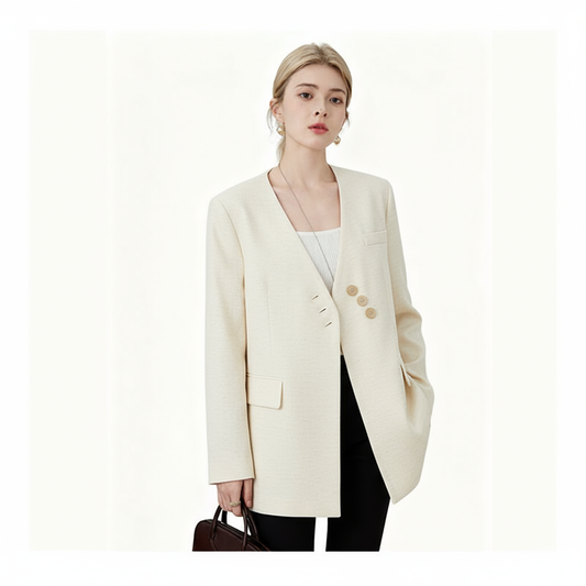 Fineryclothes Women's Elegant Long Blazer, Cream White, Double-Button Front, V-Neck