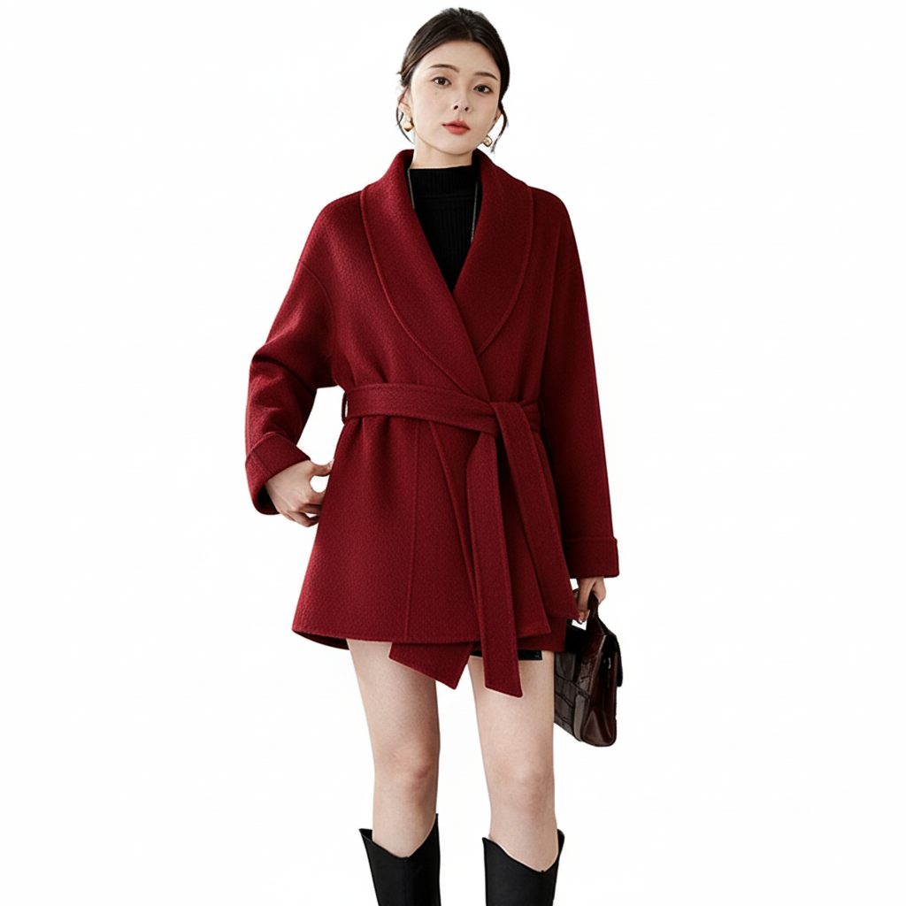 Women's Short Rose-red Double-sided Cashmere Coat | High-end (Wedding Bridal/New Year "War Robe") Woolen Outerwear