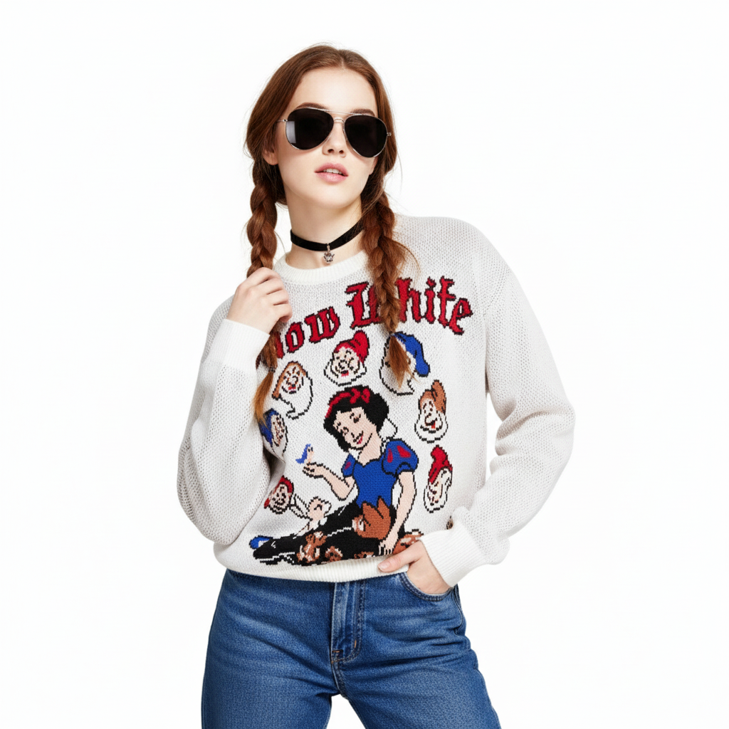 Fineryclothes Snow White Knit Sweater, Unisex Graphic Design, Available in White and Black