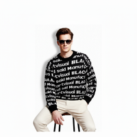 Fineryclothes All-Over Text Print Knit Sweater, Crewneck, Long Sleeve, Available in Black, Brown, Blue