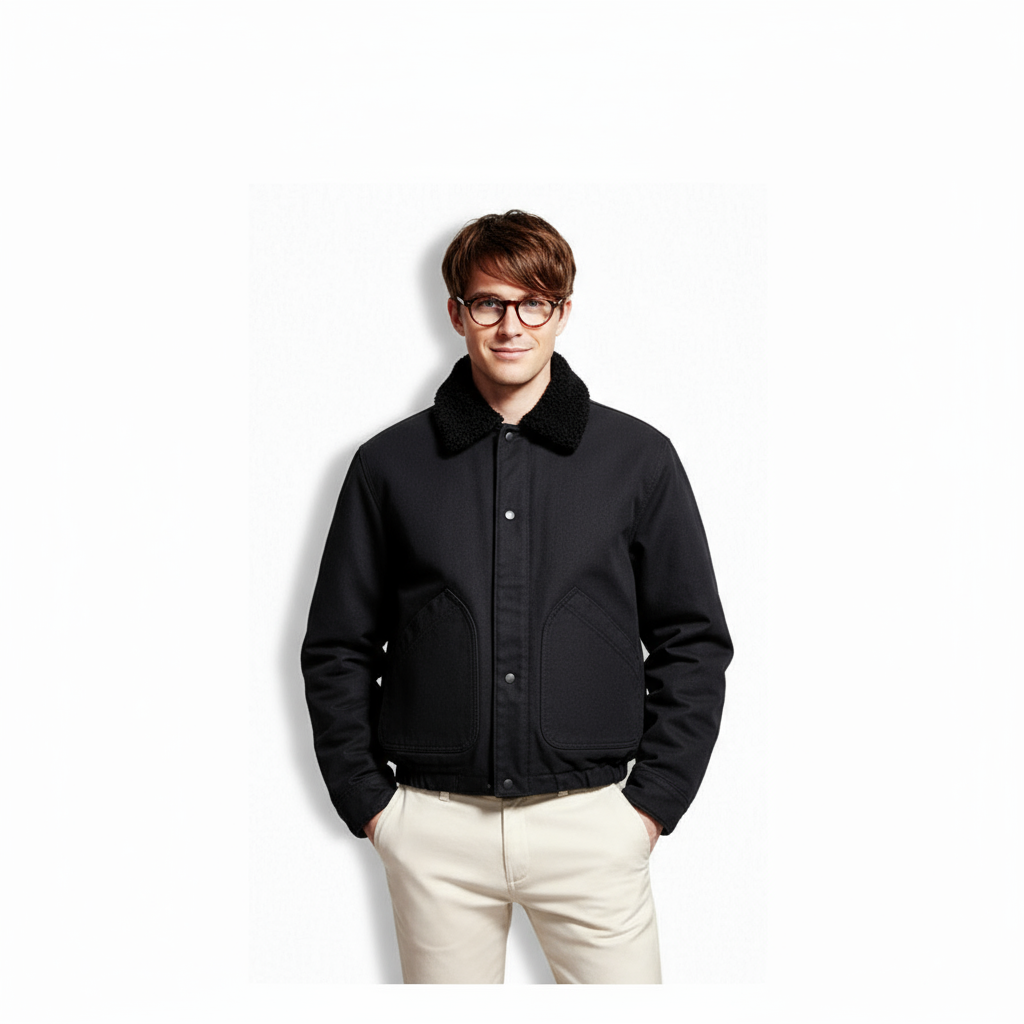 Fineryclothes Sherpa Collar Bomber Jacket, Denim Work Jacket with Fleece Lining, Available in Black, White, Blue