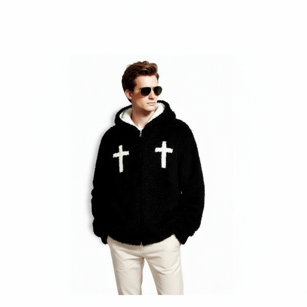 Fineryclothes Plush Faux Fur Hooded Jacket with Cross Design, Zip Front, Available in Burgundy, White, Black