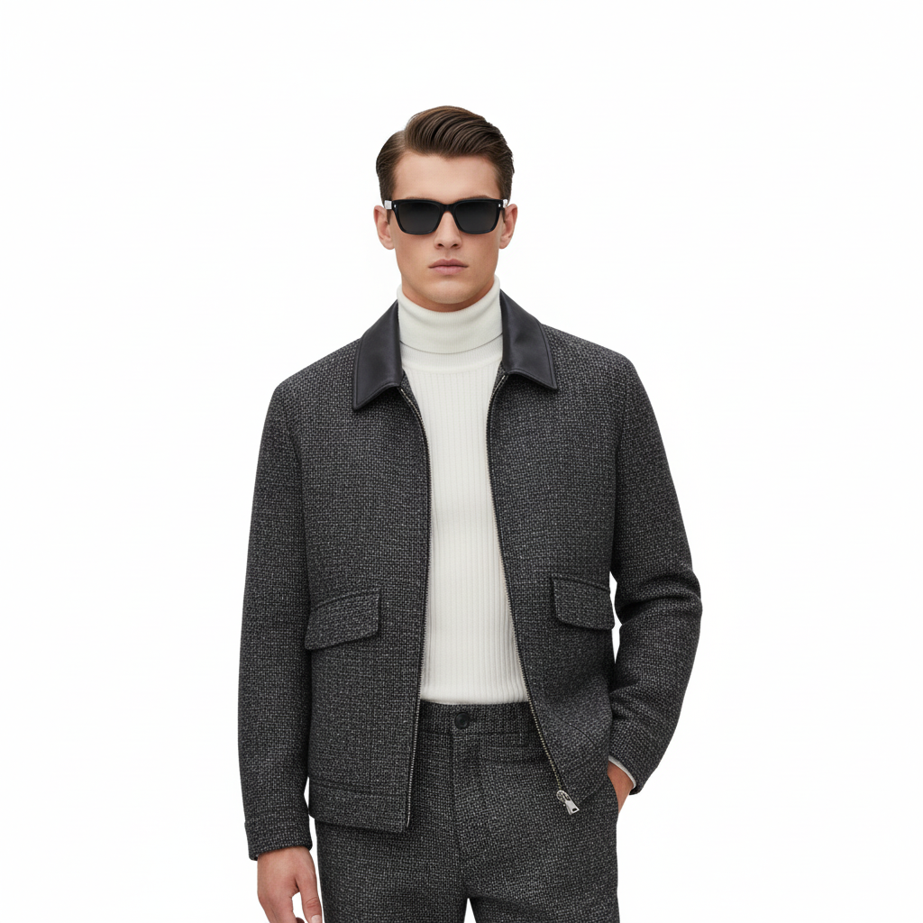Fineryclothes Men's Wool Blend Jacket with Leather Collar, Full Zip Front