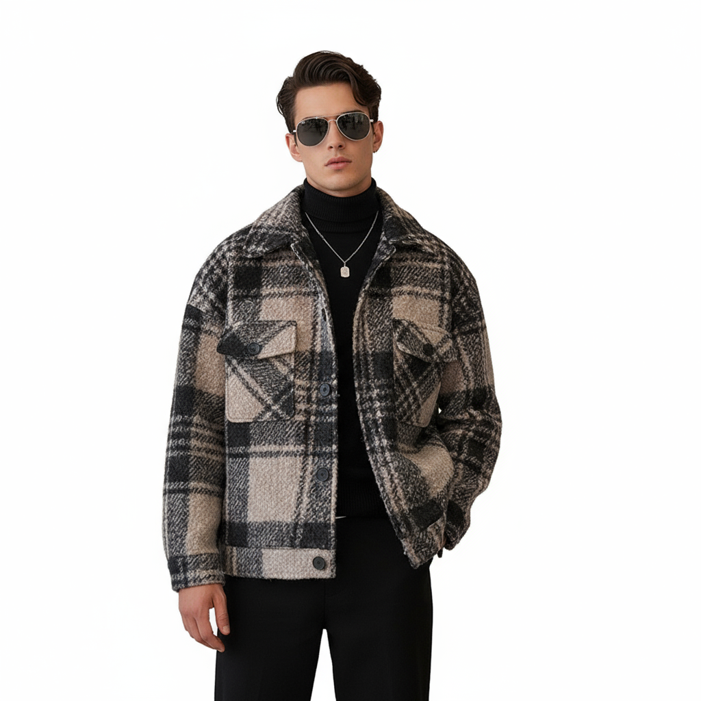 Men's American-Style Chanel-Inspired Plaid Wool Coat | Autumn & Spring, High-End, Thickened, Trendy Casual Jacket Overcoat