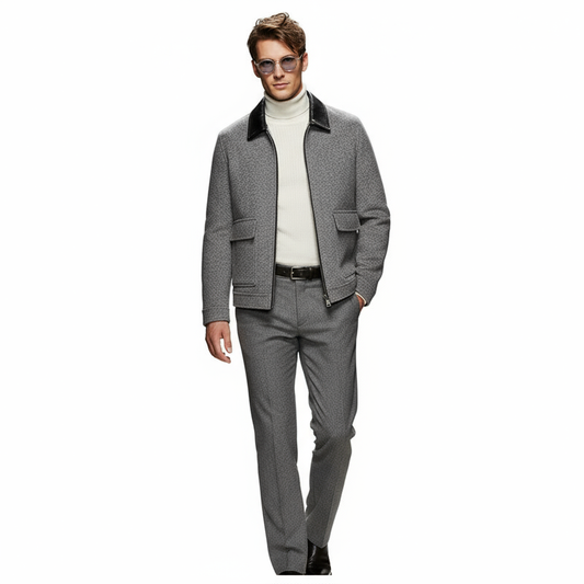 Fineryclothes Men's Wool Blend Jacket with Leather Collar, Full Zip Front