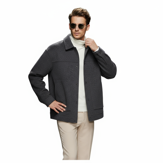 Fineryclothes Men's Wool Blend Jacket with Leather Collar, Gray, Full-Zip Winter Coat with Button Cuffs
