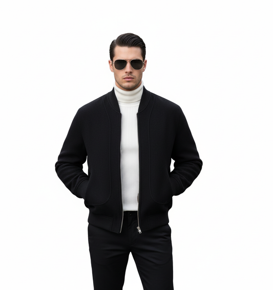 Fineryclothes Classic Bomber Jacket, Camel Wool Blend, Ribbed Collar and Cuffs, Front Zip Closure