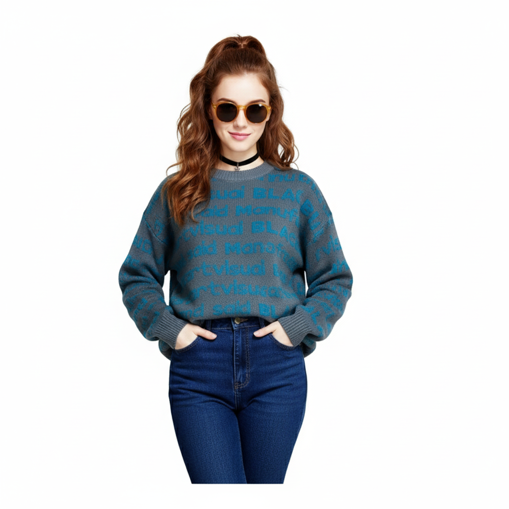 Fineryclothes All-Over Text Print Knit Sweater, Crewneck, Long Sleeve, Available in Black, Brown, Blue