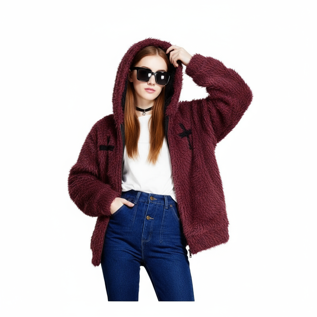 Fineryclothes Plush Faux Fur Hooded Jacket with Cross Design, Zip Front, Available in Burgundy, White, Black
